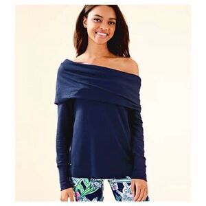Lilly Pulitzer Belinda Pullover Sweater Long Sleeve Off Shoulder Top True Navy X